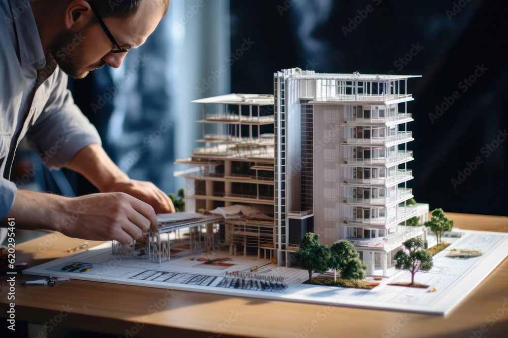 Poster architect or engineer intricately manipulate a residential building construction model on the table.