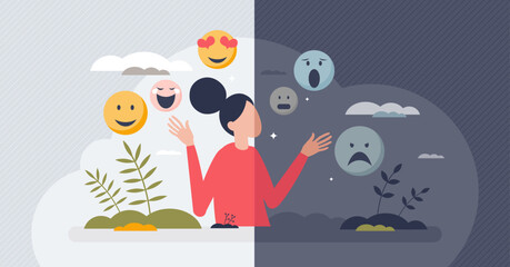 Mental health awareness to understand emotions or feelings tiny person concept. Various psychological diseases literacy to recognize depression, frustration or anxiety problems vector illustration.
