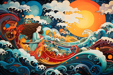 Colorful painting of a woman in a wave with vibrant sun and clouds