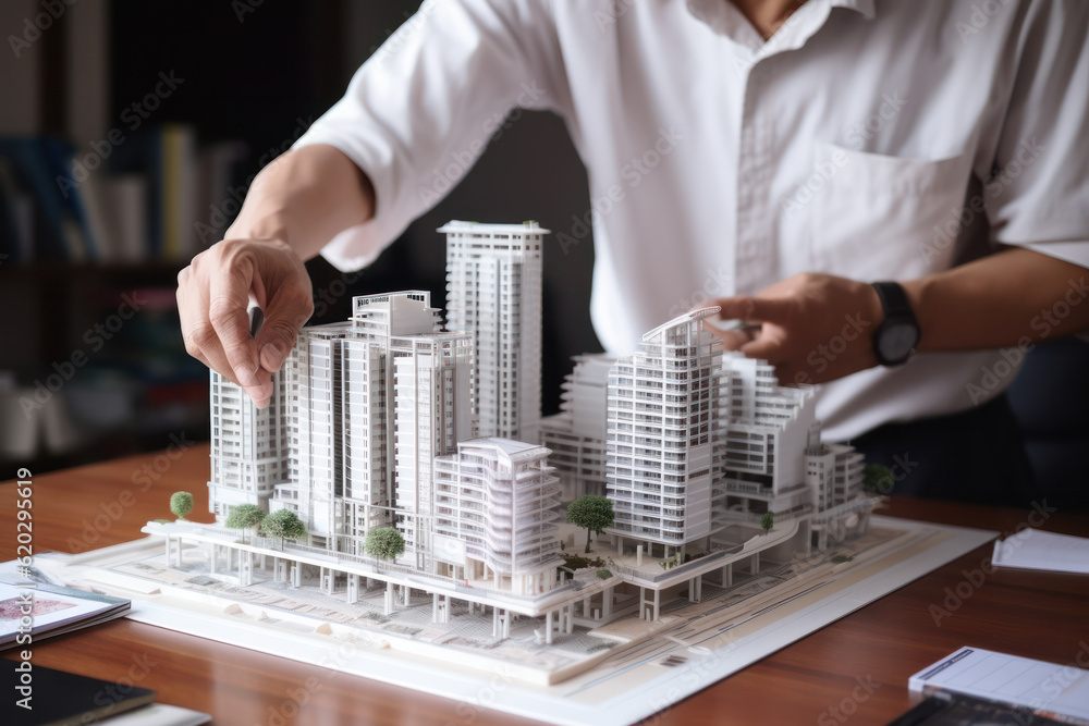 Poster professional architect working on residential project building construction model