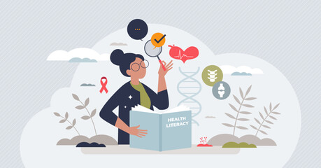 Health literacy and medical healthcare education book tiny person concept. Reading about medicine, disease, treatment and therapy in literature to understand diagnosis prevention vector illustration