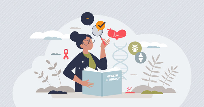 Health literacy and medical healthcare education book tiny person concept. Reading about medicine, disease, treatment and therapy in literature to understand diagnosis prevention vector illustration