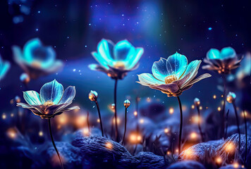 Obraz na płótnie Canvas a blue dark background with flowers and some lights, blurred background