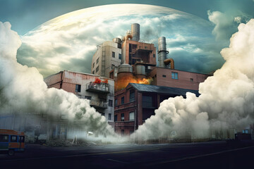 Fototapeta na wymiar Ruins of a city. Apocalyptic landscape. Post-apocalyptic city illustration deselant town background. Polluted town background with destroyed factory. AI generative