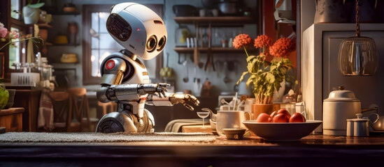 Fototapeta na wymiar the best smart home robots is hear, cute robot in kitchen