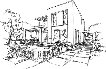 hand drawn architectural sketch of beautiful modern detached village house with garden  and trees