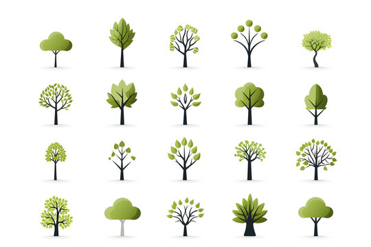 collection or set of tree symbols or trees icons logo