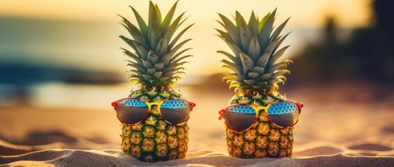 two pineapples in sunglasses on sand Generative Ai