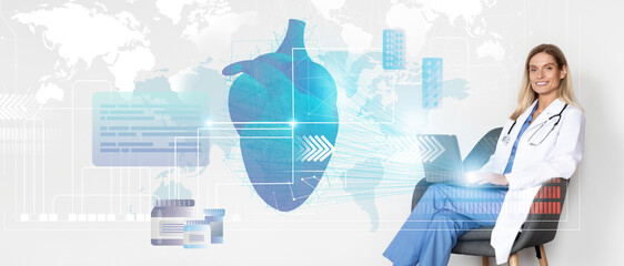 Pretty woman doctor cardiologist working online, using laptop, collage
