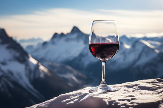 glass of wine with mountains in background