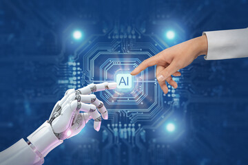 White cyborg robotic hand pointing his finger to human hand with stretched finger - ai artificial...