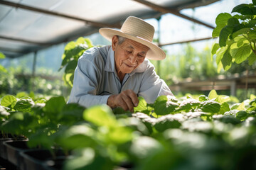 Naklejka na ściany i meble Asian senior smart farmer growing hydroponic vegetables in the greenhouse