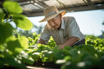 Naklejka na ściany i meble Asian senior smart farmer growing hydroponic vegetables 