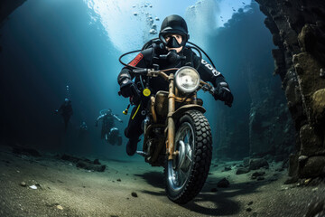 Plakat scuba divers driving motorcycles underwater