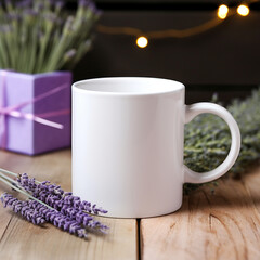 Coffee mug, a white cup on a table with lavender flowers. Styled photo, product mockup - 620298044