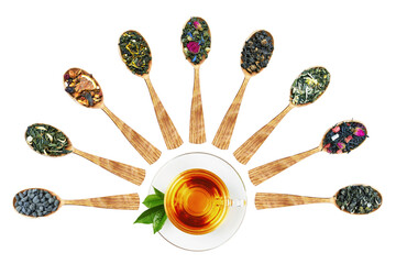 Set of Tea in a wooden spoons around a cup of tea