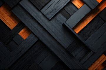 Dark geometric blocks with orange accents forming an abstract pattern