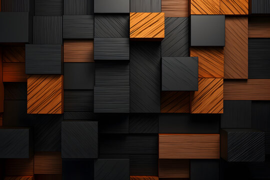 Multilevel wooden blocks form a contrasting 3D geometric pattern