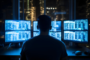 person working on many monitors and screens rearview at night