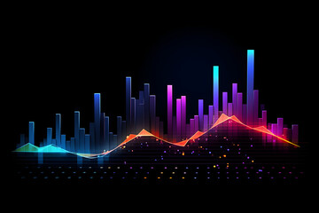 Colorful bar and waveform graphics with glowing dots on a dark backdrop - obrazy, fototapety, plakaty