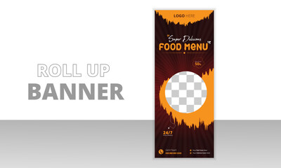 Food and Restaurant Fast food roll up banner design template set vector | Fast Food & Restaurant Roll up banner concept | Vertical display Trend Roll up and X-banner set for exhibitions