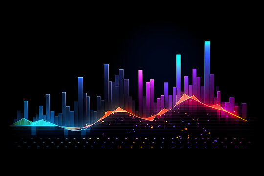 Colorful bar and waveform graphics with glowing dots on a dark backdrop