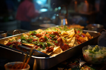 A vibrant street food stall with sizzling dishes and colourful ingredients. Fried food with sticks, Thai traditional street food. aromatic curries, chicken and stir fried noodles. generative AI