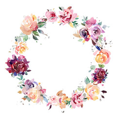 Circle wreath with leaves, watercolor roses, flowers. Vintage Template. wreath, round frame