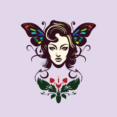 Female face with colorful butterfly wings, tattoo color, vector isolated