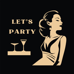 Let's Party, woman in bar, lady, poster, vector illustration