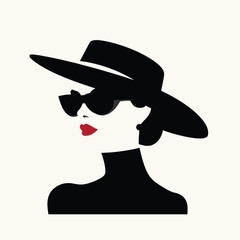 fashion woman model with black hat, red kiss, sideview, poster, vector illustration