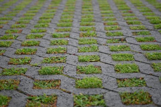 Background texture of square tiles made of gray natural stone. Concrete street covering of road, geometric paving pattern, green lawn and eco parking, green parking, sustainable development city