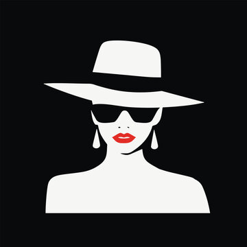 Beautiful fashion woman model with a black hat, red lips, vector illustration