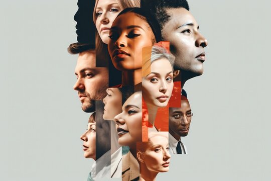 dramatic collage of faces, different races and ethnicities, acceptance and embracing diversity