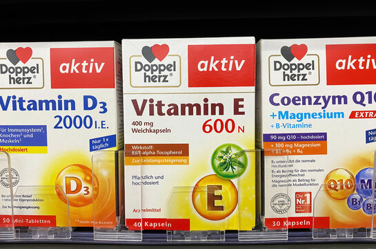 Viersen, Germany - July 4. 2023: Closeup of boxes Doppelherz vitamins and supplements in shelf of german drugstore
