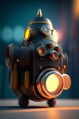 Rocket, c4d render of a monster made out of camera lenses. lots of mechanical parts. aperture eyes
