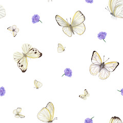 Charming flying white butterflies among blue anemone flowers isolated on transparent background. Cabbage butterflies. Watercolor seamless pattern. For prints, fabric, textile, scrapbooking, wrapping. © Masha_tolk_art