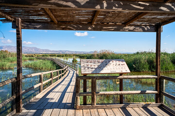 Bird observatory in The Hondo of Elche natural park, in a sunny day. In Elche, Alicante, Valencian community, spain.