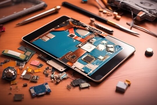 tablet with broken cracked lcd display among disassembly gadget AI Generated 