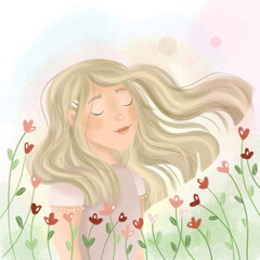 Obraz na płótnie Canvas Cute girl in a flower meadow. The wind blows your hair