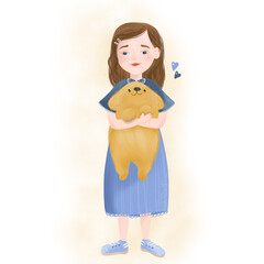 Cute girl with a dog in her arms. Cute illustration of friendship