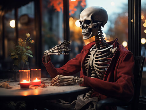 Skeleton sitting in restaurant