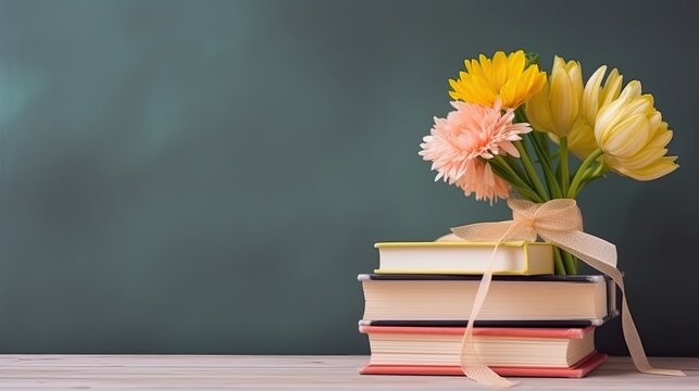 A stack of books with a flower vase. Web banner with copy space. Generative AI