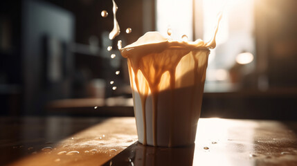 Generative AI, glass with coffee, splashes, drink, espresso, cappuccino, latte, coffee house on the background, space for text, milk foam, mocha cup, cafe advertising - obrazy, fototapety, plakaty