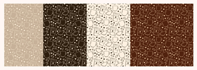 Set coffee,tea cups or mugs vector seamless pattern. Concept for menu, wallpaper, wrapping paper. Vector illustration