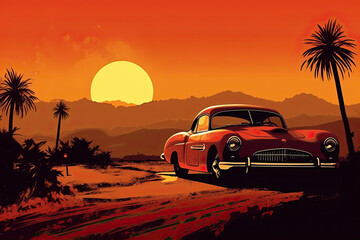 Fototapeta na wymiar Nostalgic Sports Car Journeying into a Fiery Sunset Illustration