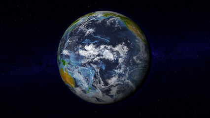 Plakat Realistic Earth globe focused on Pacific Ocean. Day side of Earth illuminated by sunshine and stars of universe on background. Elements of this image furnished by NASA