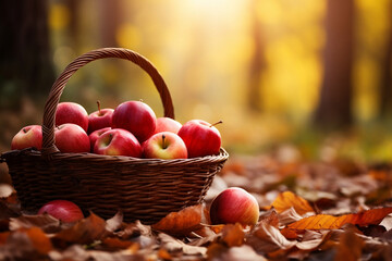 apple harvest in grass basket autumn fall leaves and background