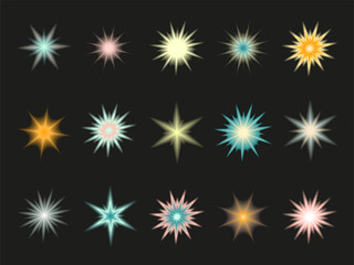 Fototapeta na wymiar Y2k style shapes blurred gradient set. Aura aesthetic elements star, sun. Vector illustration.