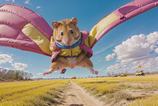 funny hamster with spread parachute wings wearing yellow jacket and blue jeans pants dropped from airplane in freefall having fun on blue sky background, generative AI